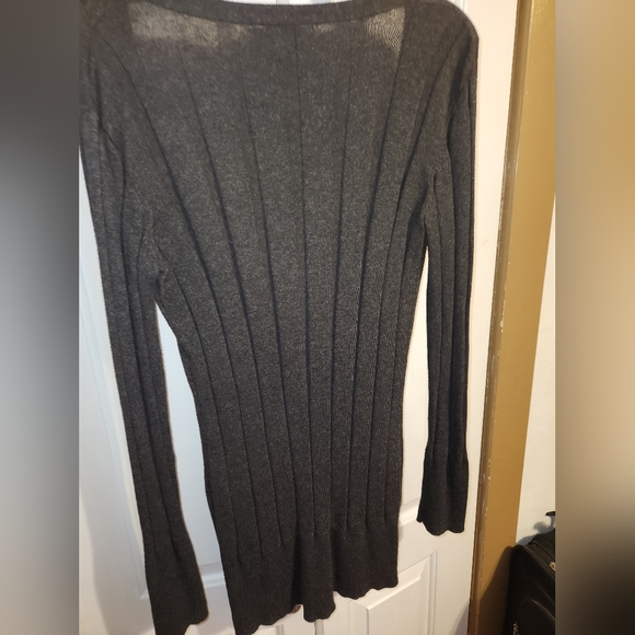 Gray long button up cardigan with front pockets, silver buttons & studs. - Picture 8 of 8